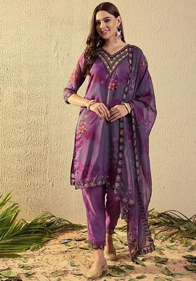 Purple Floral Print Poly Blend Kurta Set