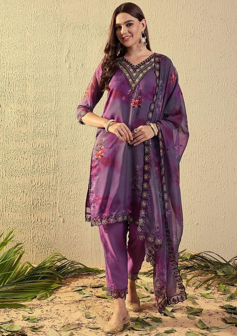 Purple Floral Print Poly Blend Kurta Set
