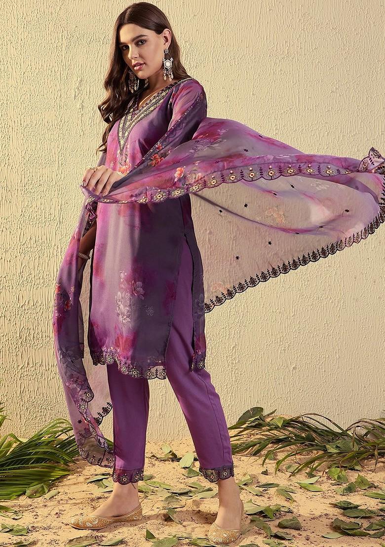 Purple Floral Print Poly Blend Kurta Set