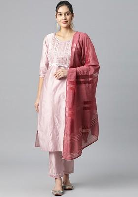 Pink Embroidered Poly Blend Kurta Set