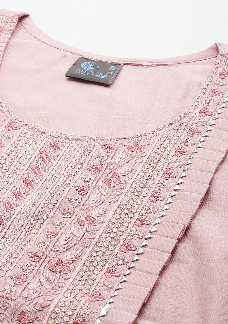 Pink Embroidered Poly Blend Kurta Set