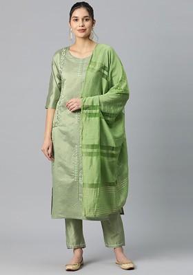 Green Embroidered Poly Blend Kurta Set