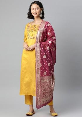 Yellow Embroidered Poly Blend Kurta Set