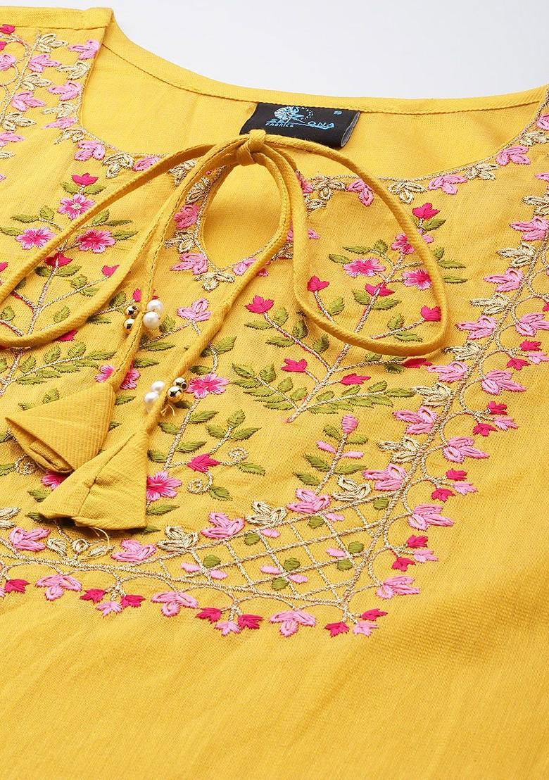 Yellow Embroidered Poly Blend Kurta Set