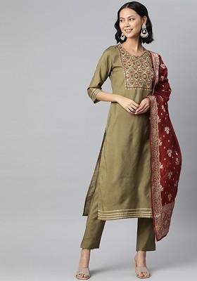 Olive Embroidered Poly Blend Kurta Set