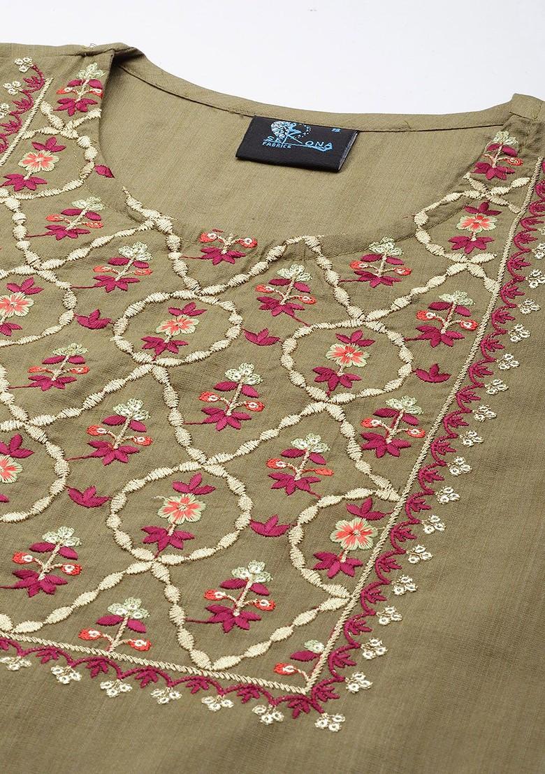 Olive Embroidered Poly Blend Kurta Set
