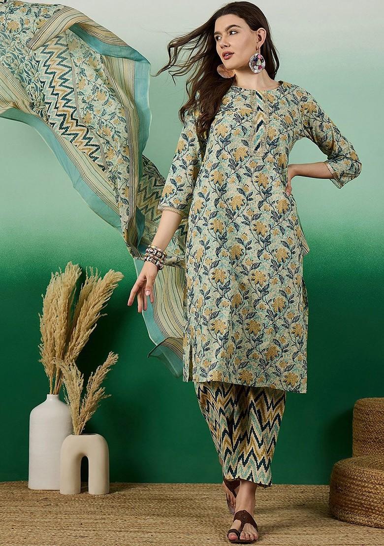 Green Floral Print Cotton Kurta Set
