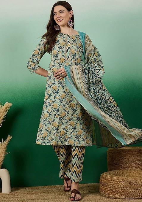 Green Floral Print Cotton Kurta Set