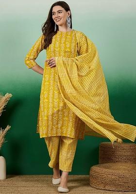 Yellow Floral Print Cotton Kurta Set