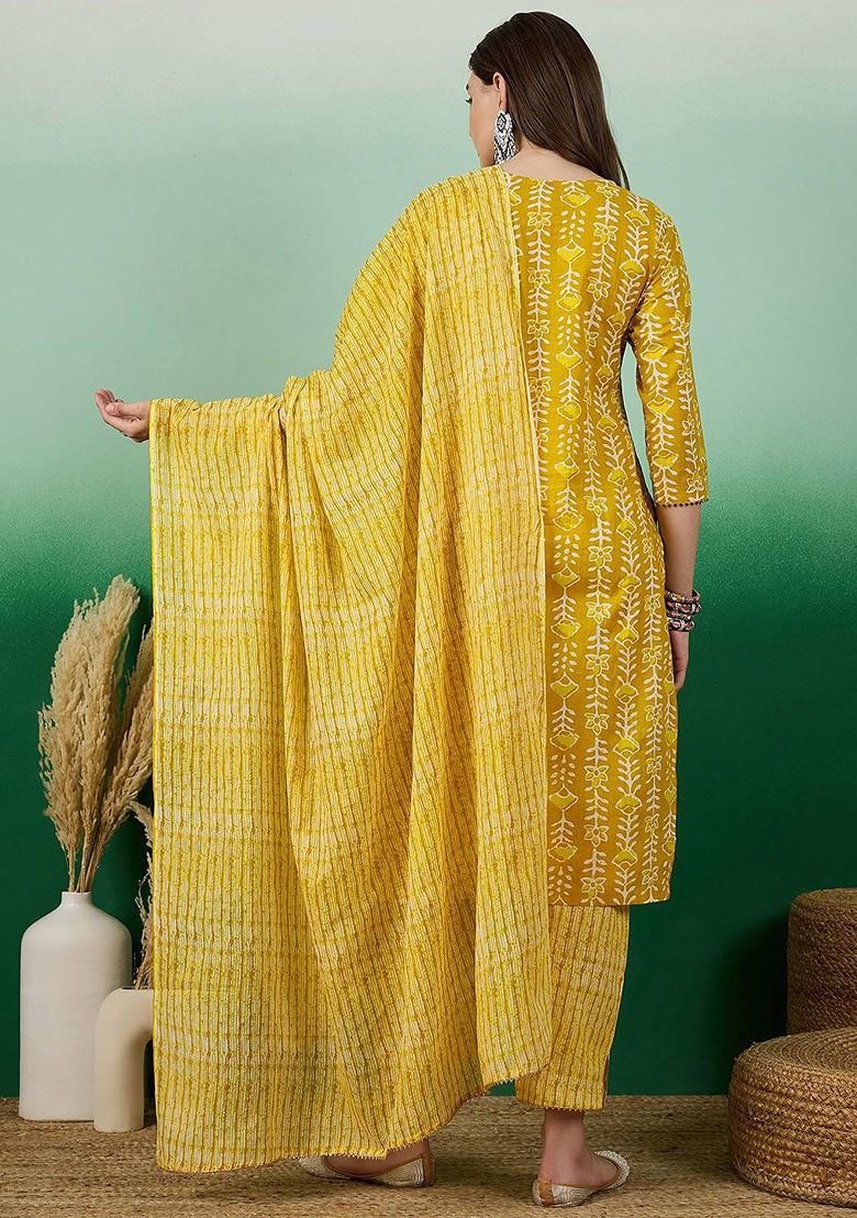 Yellow Floral Print Cotton Kurta Set