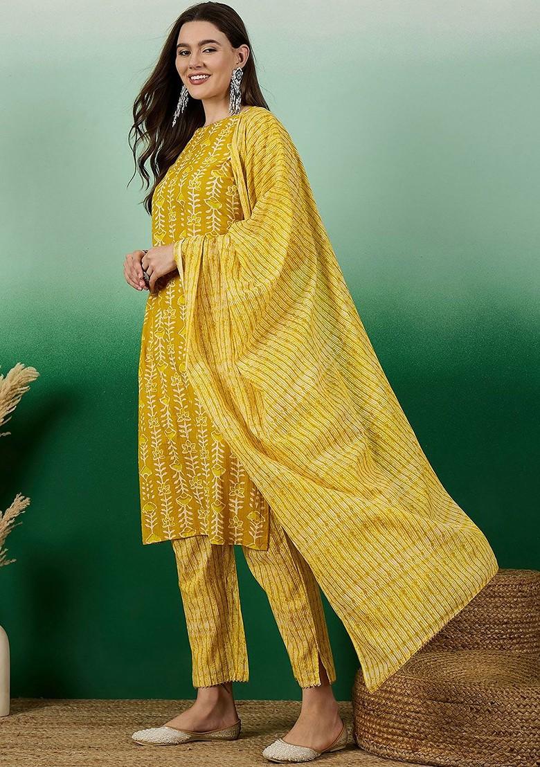 Yellow Floral Print Cotton Kurta Set