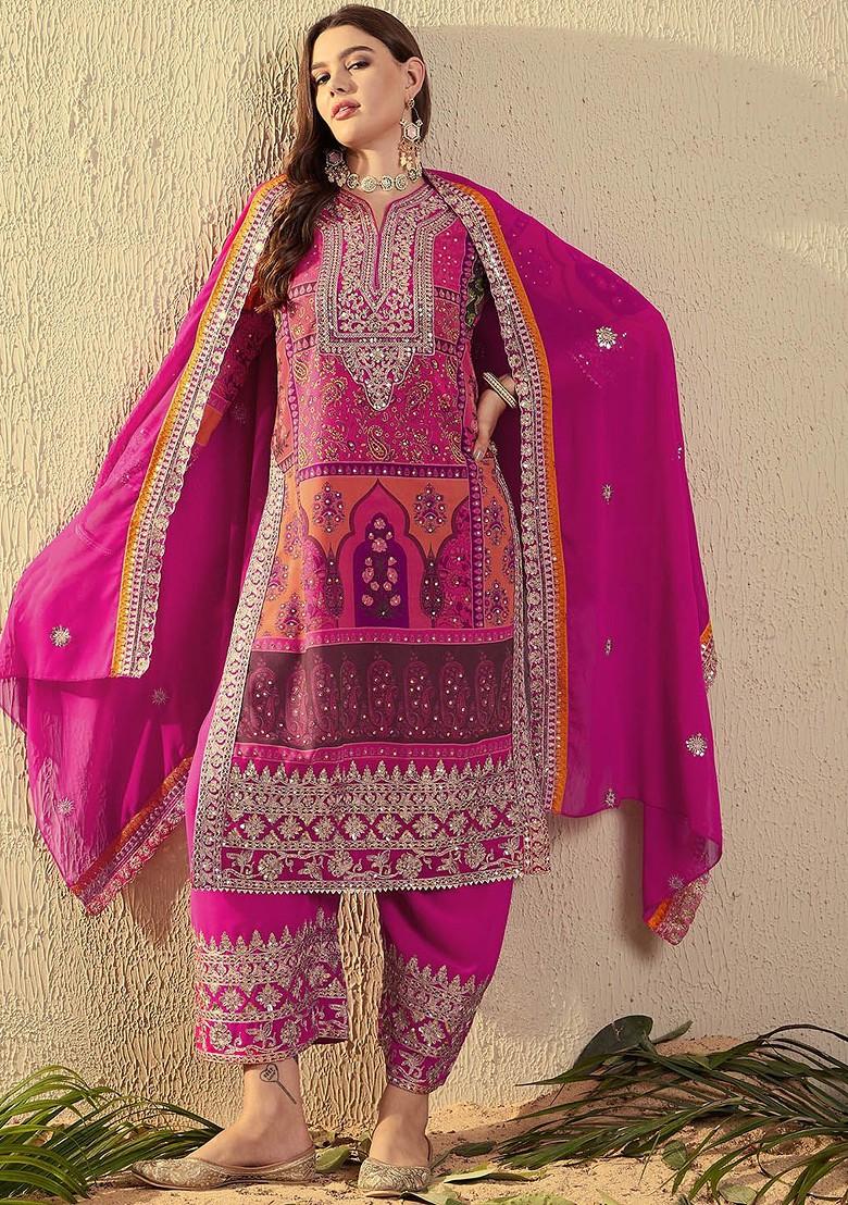 Pink Embroidered Georgette Kurta Set