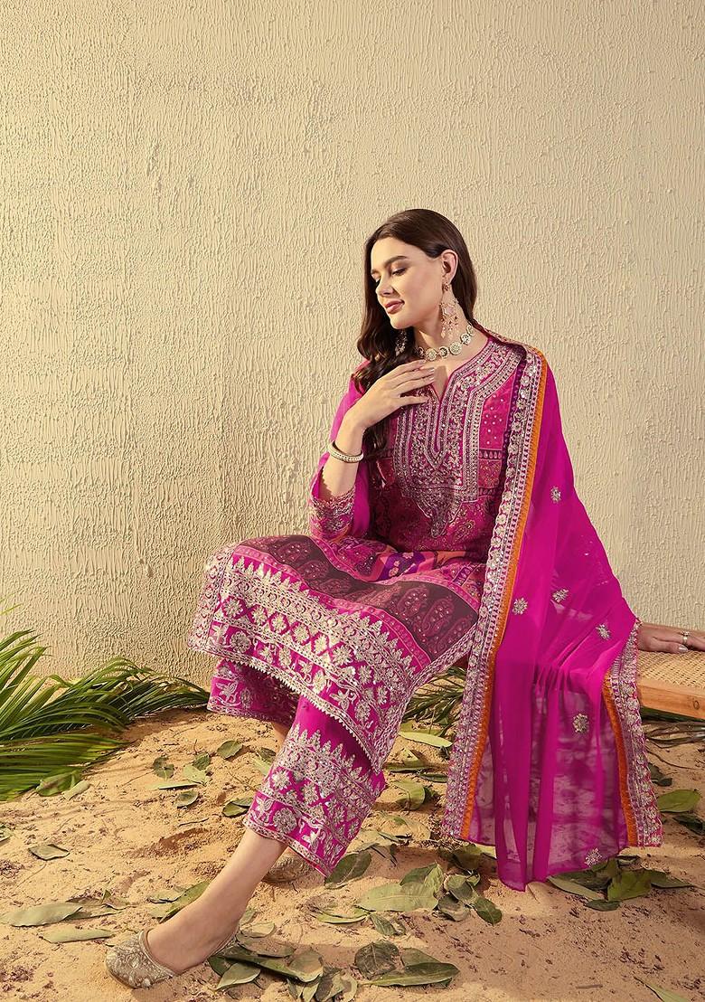 Pink Embroidered Georgette Kurta Set
