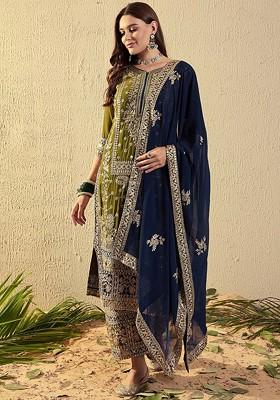 Olive Embroidered Georgette Kurta Set