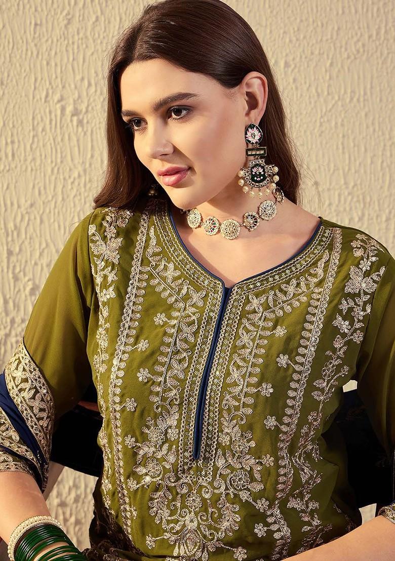 Olive Embroidered Georgette Kurta Set