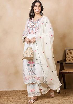 White Embroidered Poly Blend Kurta Set