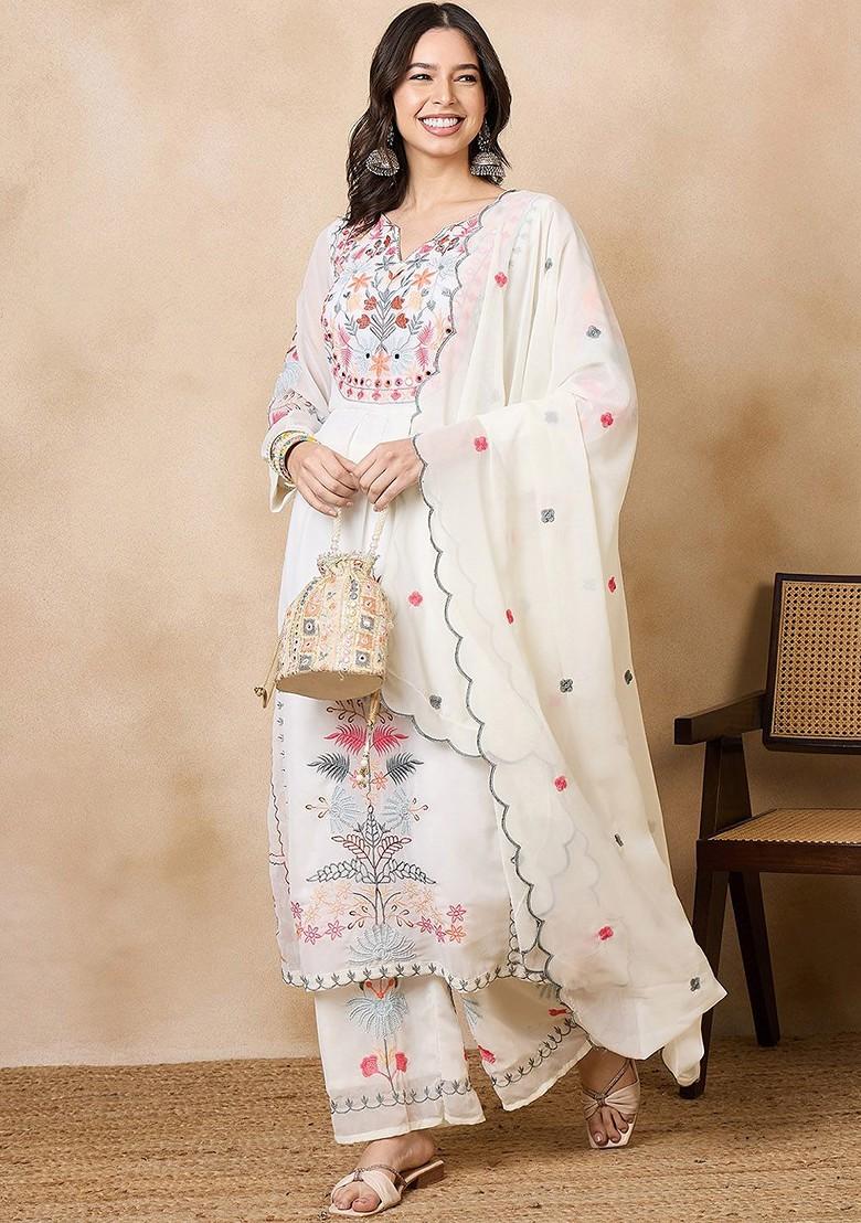 White Embroidered Poly Blend Kurta Set
