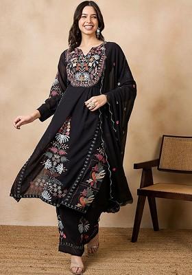 Black Floral Print Poly Blend Kurta Set