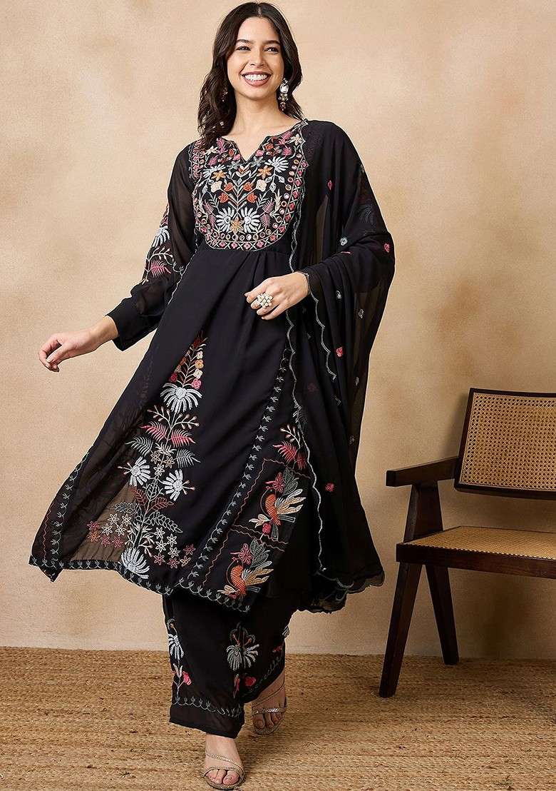 Black Floral Print Poly Blend Kurta Set - Indya