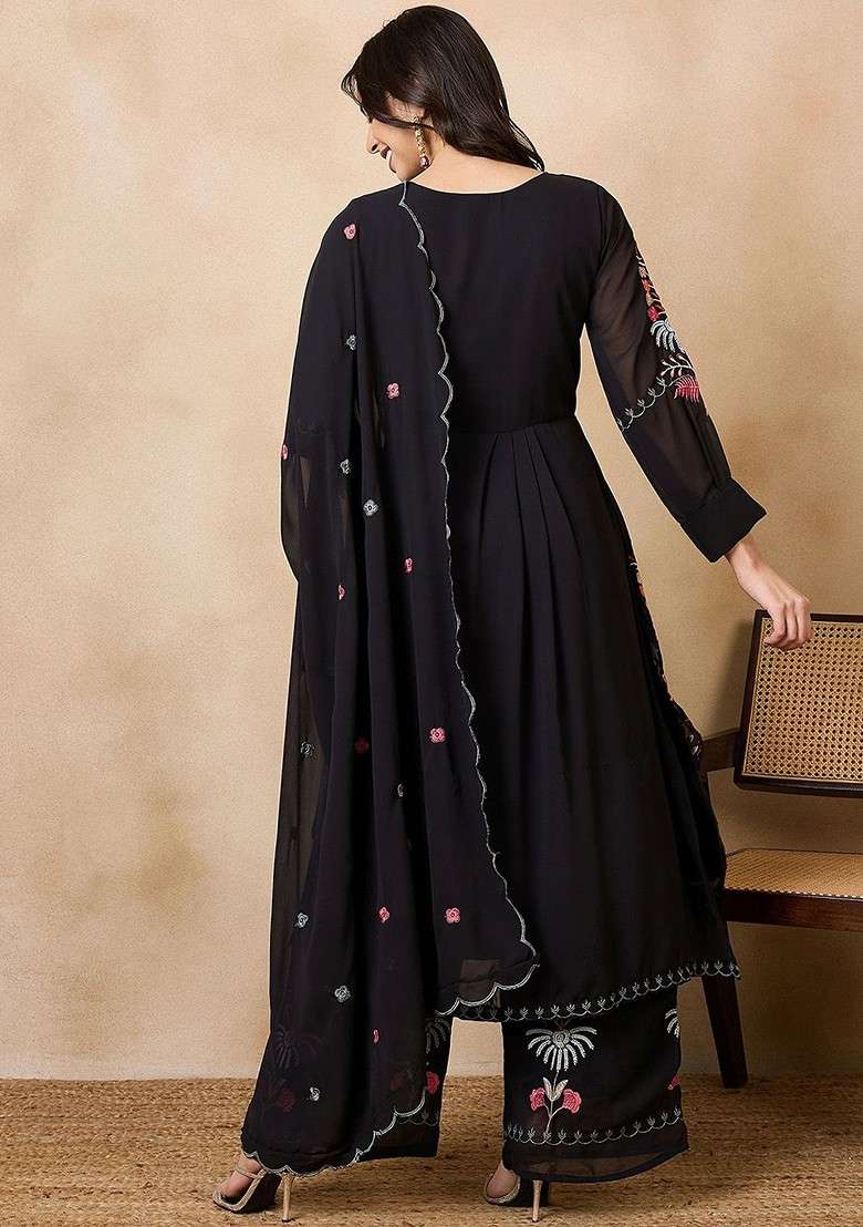 Black Floral Print Poly Blend Kurta Set - Indya