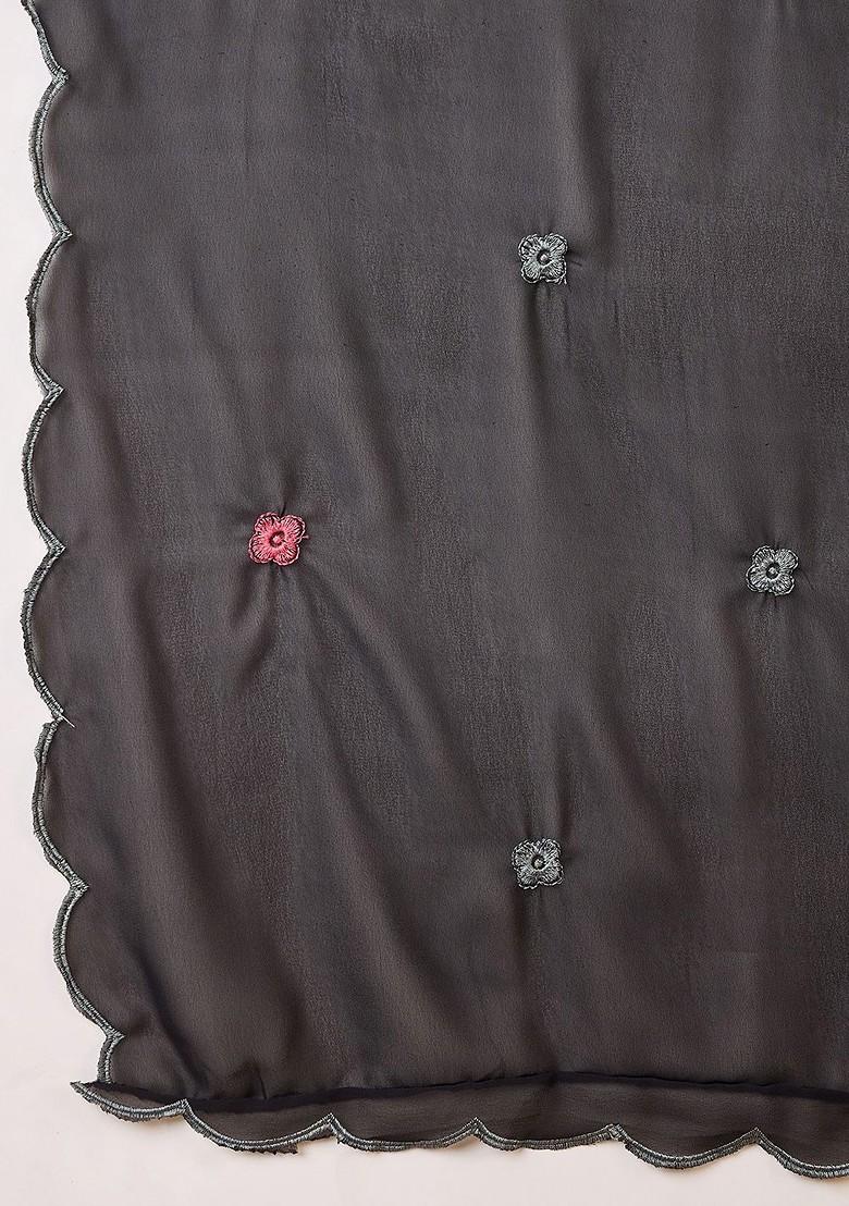 Black Floral Print Poly Blend Kurta Set