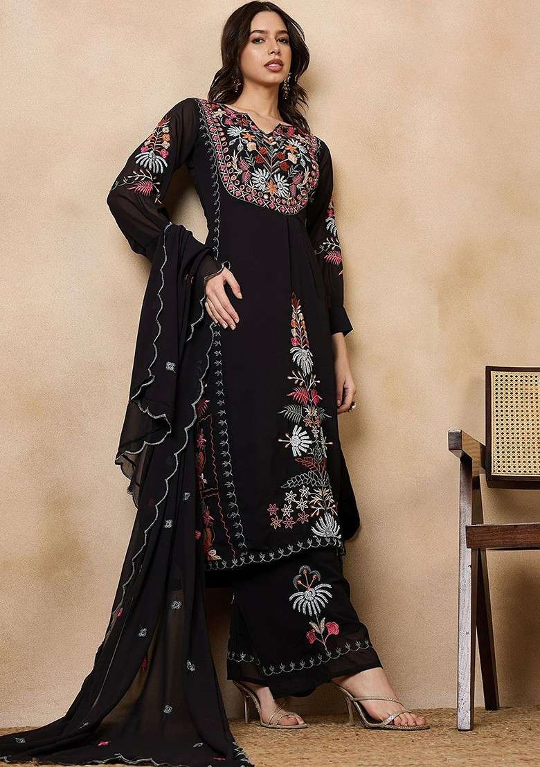 Black Floral Print Poly Blend Kurta Set - Indya