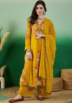 Yellow Embroidered Poly Blend Kurta Set