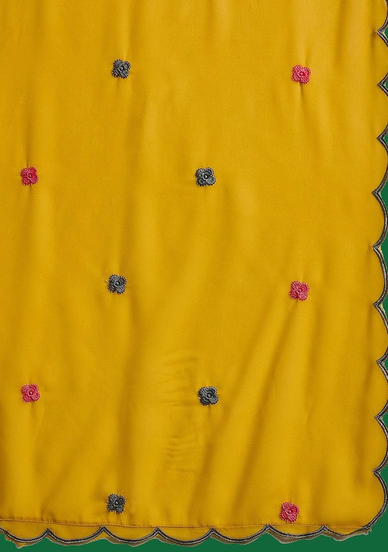 Yellow Embroidered Poly Blend Kurta Set
