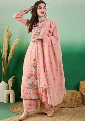 Peach Embroidered Poly Blend Kurta Set
