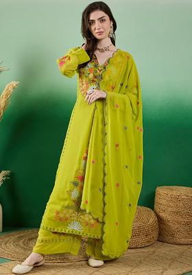 Lime Green Embroidered Poly Blend Kurta Set