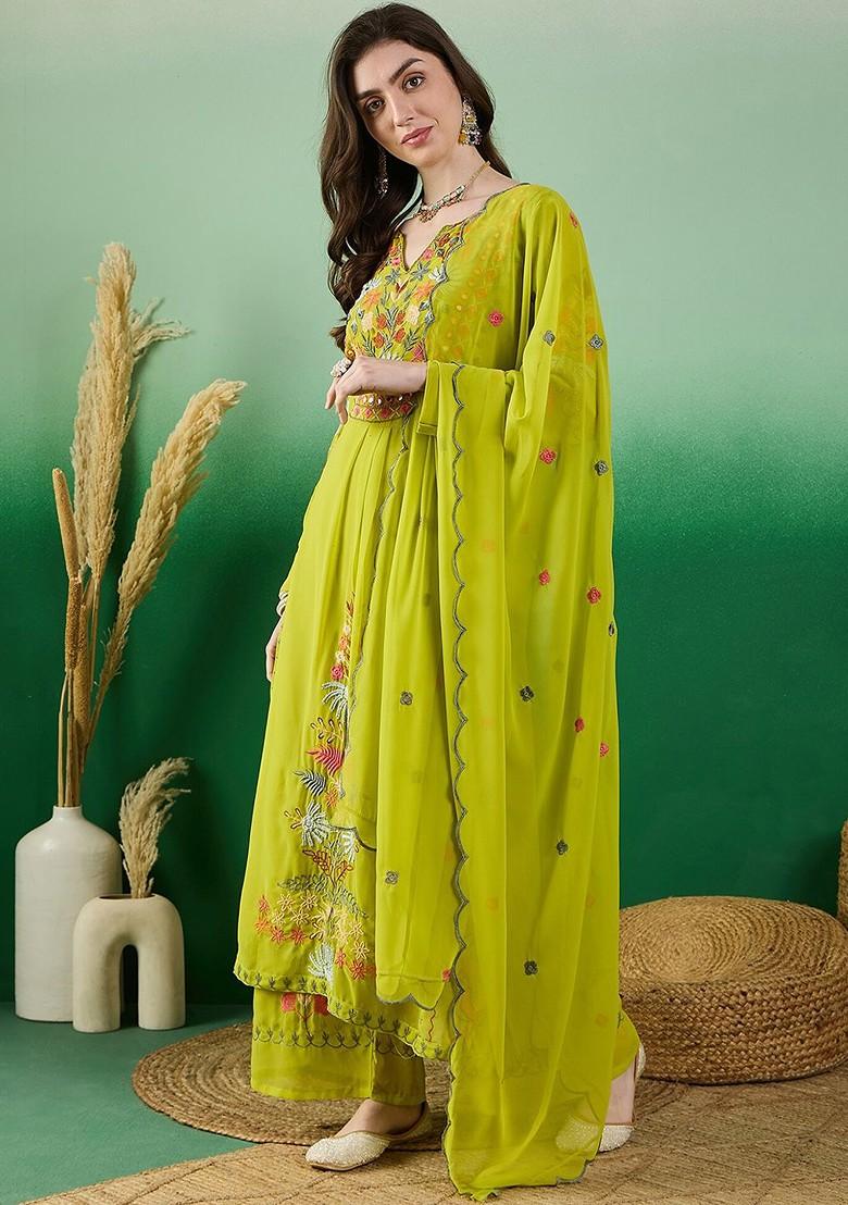 Lime Green Embroidered Poly Blend Kurta Set