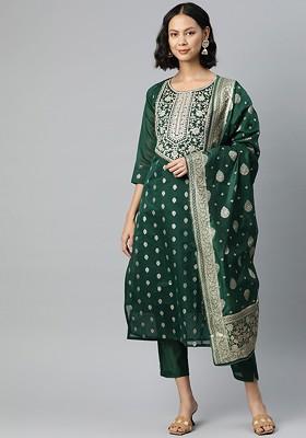 Green Embroidered Chanderi Kurta Set