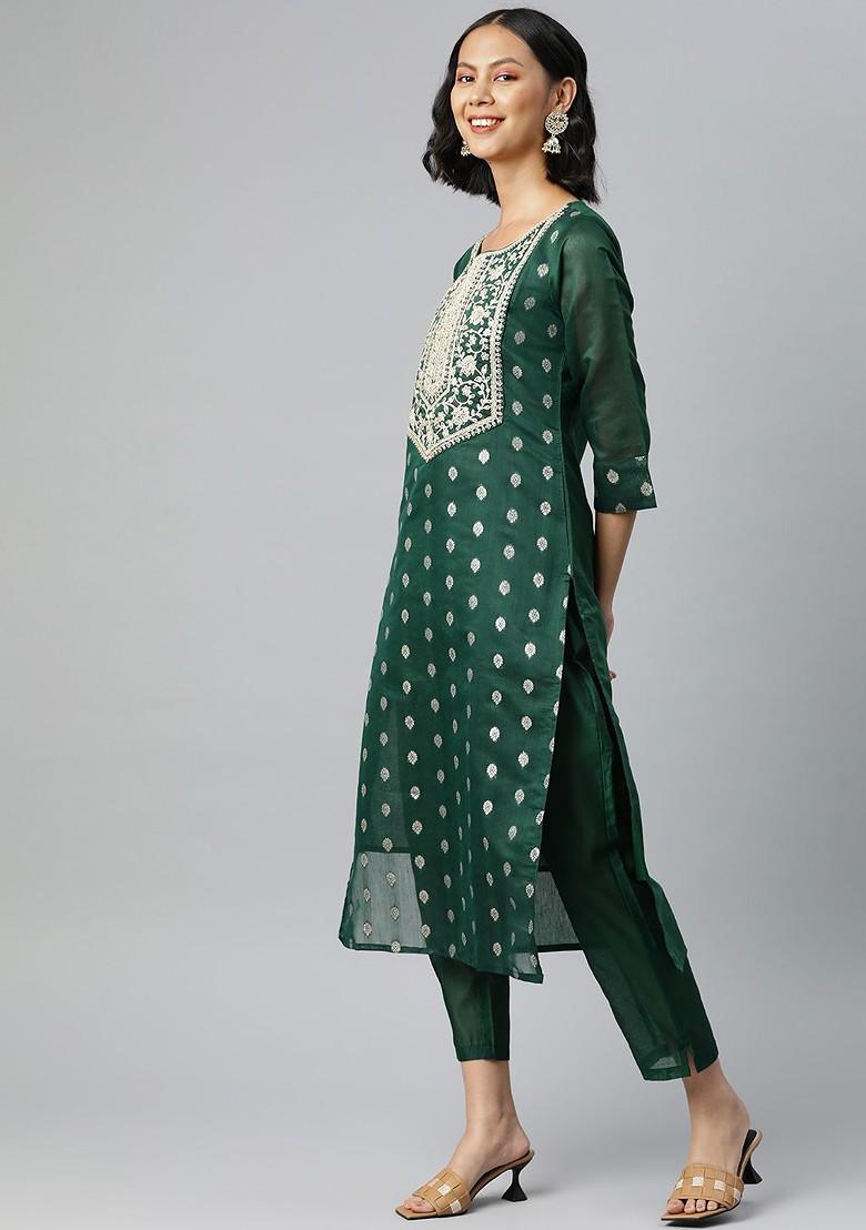 Green Embroidered Chanderi Kurta Set