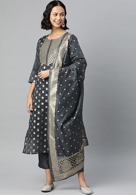 Grey Floral Print Chanderi Kurta Set