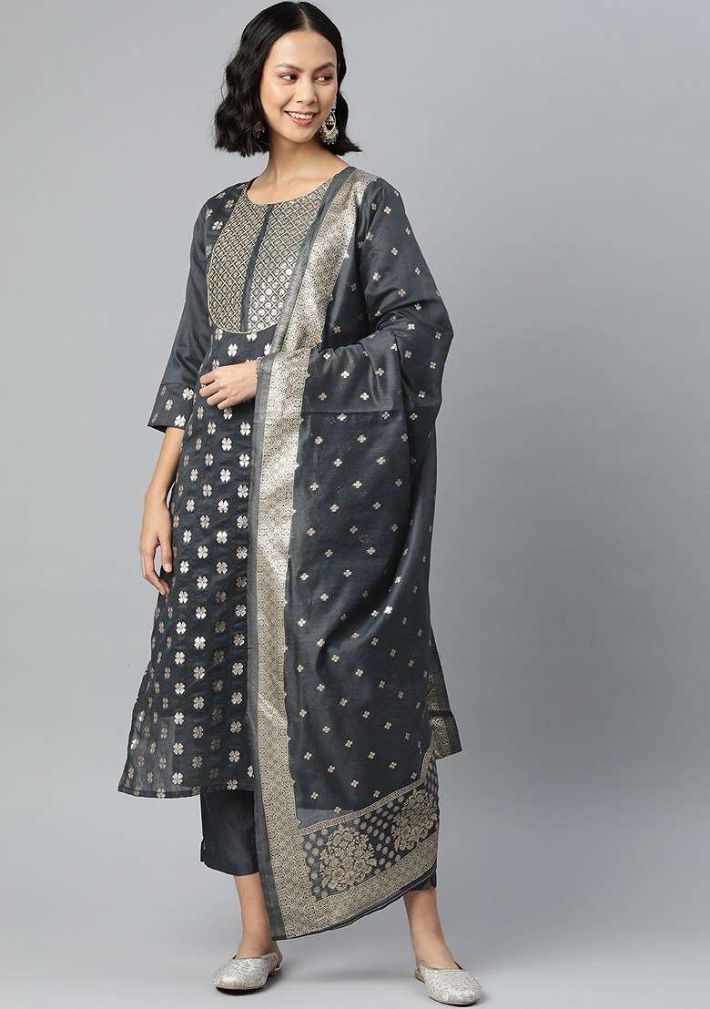 Grey Floral Print Chanderi Kurta Set - Indya