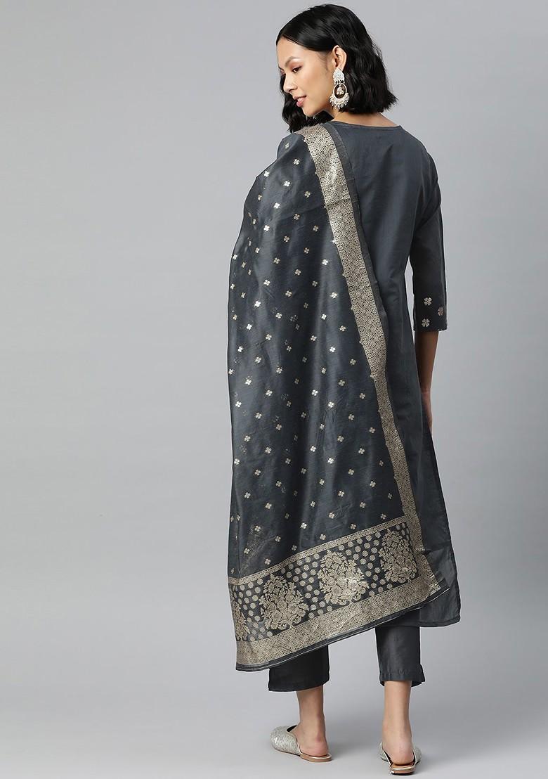 Grey Floral Print Chanderi Kurta Set