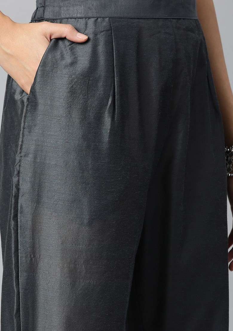 Grey Floral Print Chanderi Kurta Set - Indya