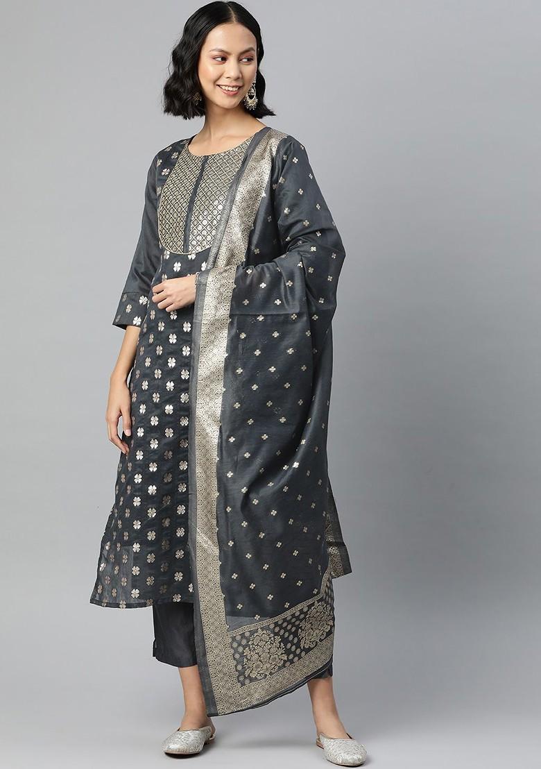 Grey Floral Print Chanderi Kurta Set