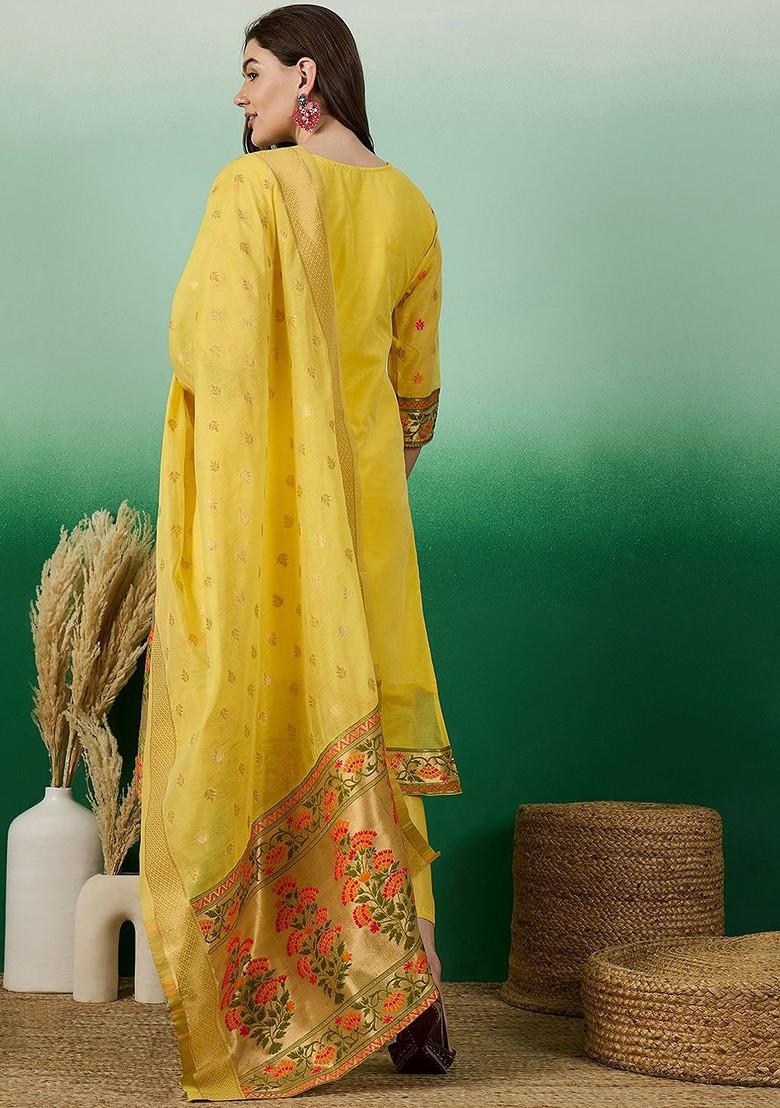 Yellow Woven Chanderi Kurta Set