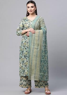 Green Floral Print Cotton Kurta Set