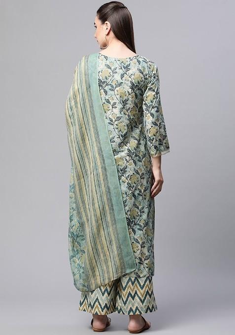 Green Floral Print Cotton Kurta Set