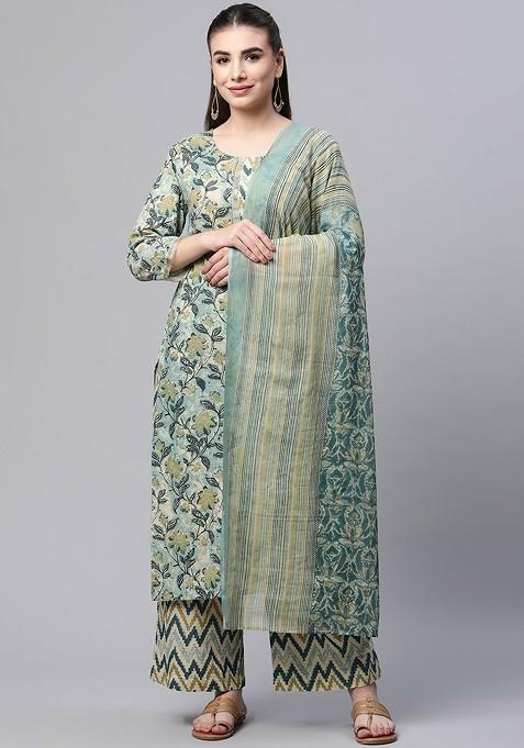 Green Floral Print Cotton Kurta Set