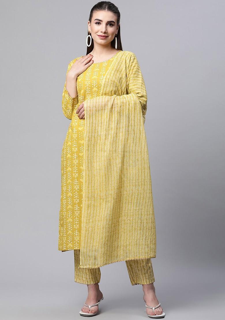 Yellow Floral Print Cotton Kurta Set