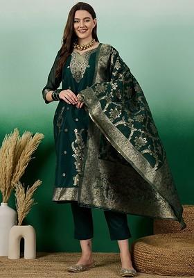 Green Woven Chanderi Kurta Set
