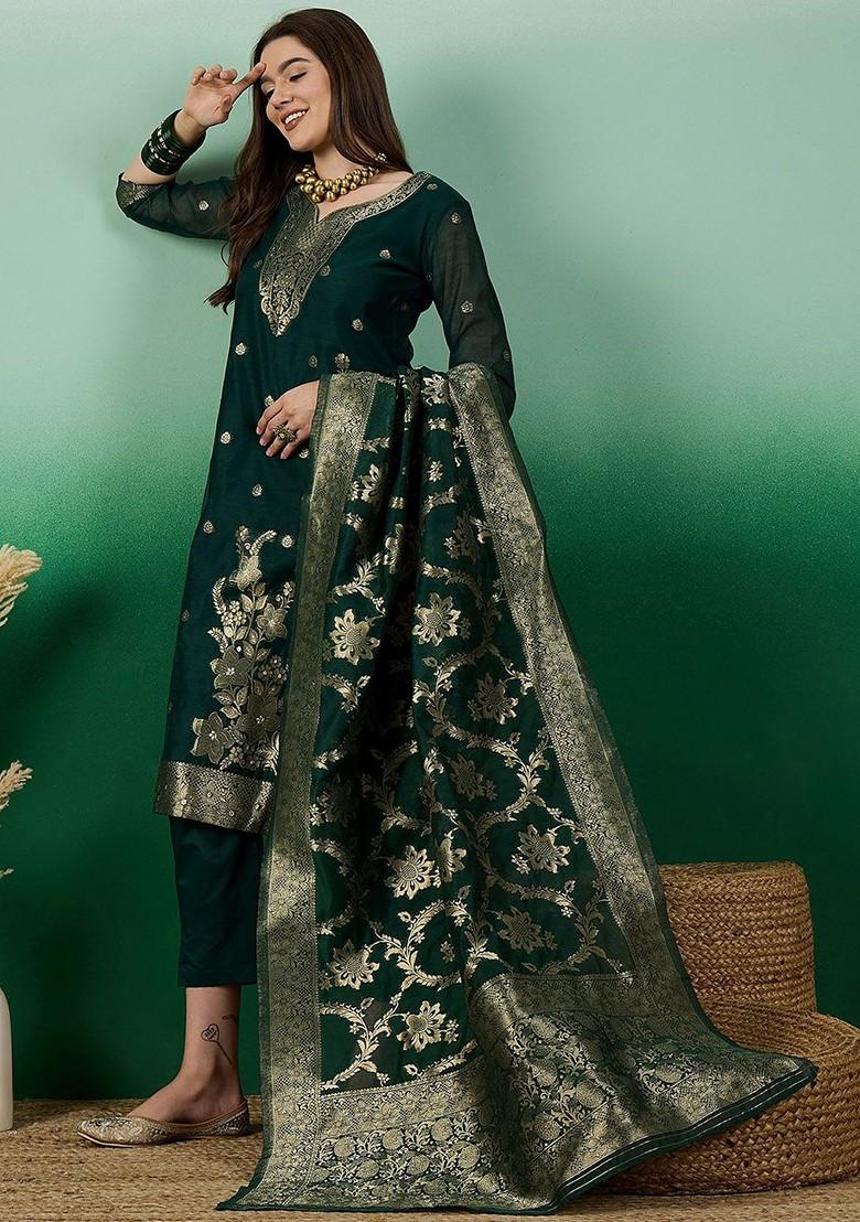 Green Woven Chanderi Kurta Set