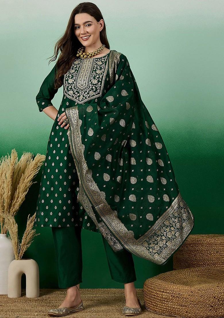 Green Woven Chanderi Kurta Set