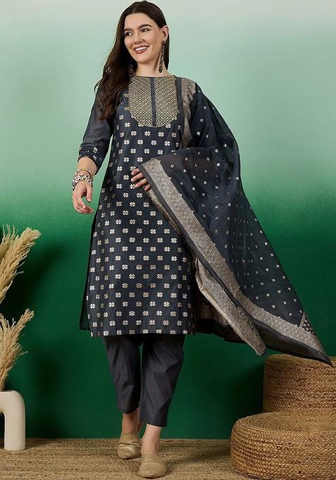 Grey Woven Chanderi Kurta Set