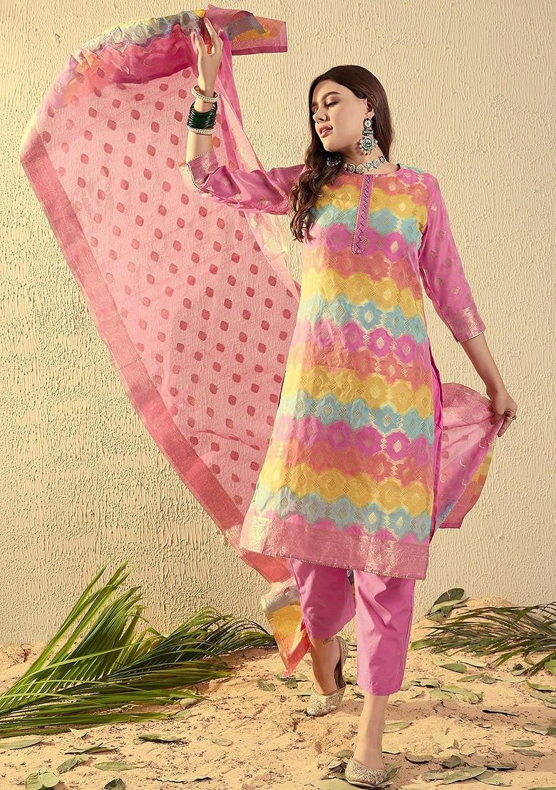 Pink Woven Chanderi Kurta Set