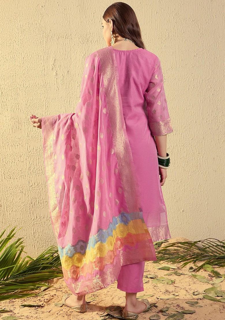 Pink Woven Chanderi Kurta Set