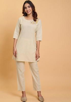 White Embroidered Cotton Fusion Set